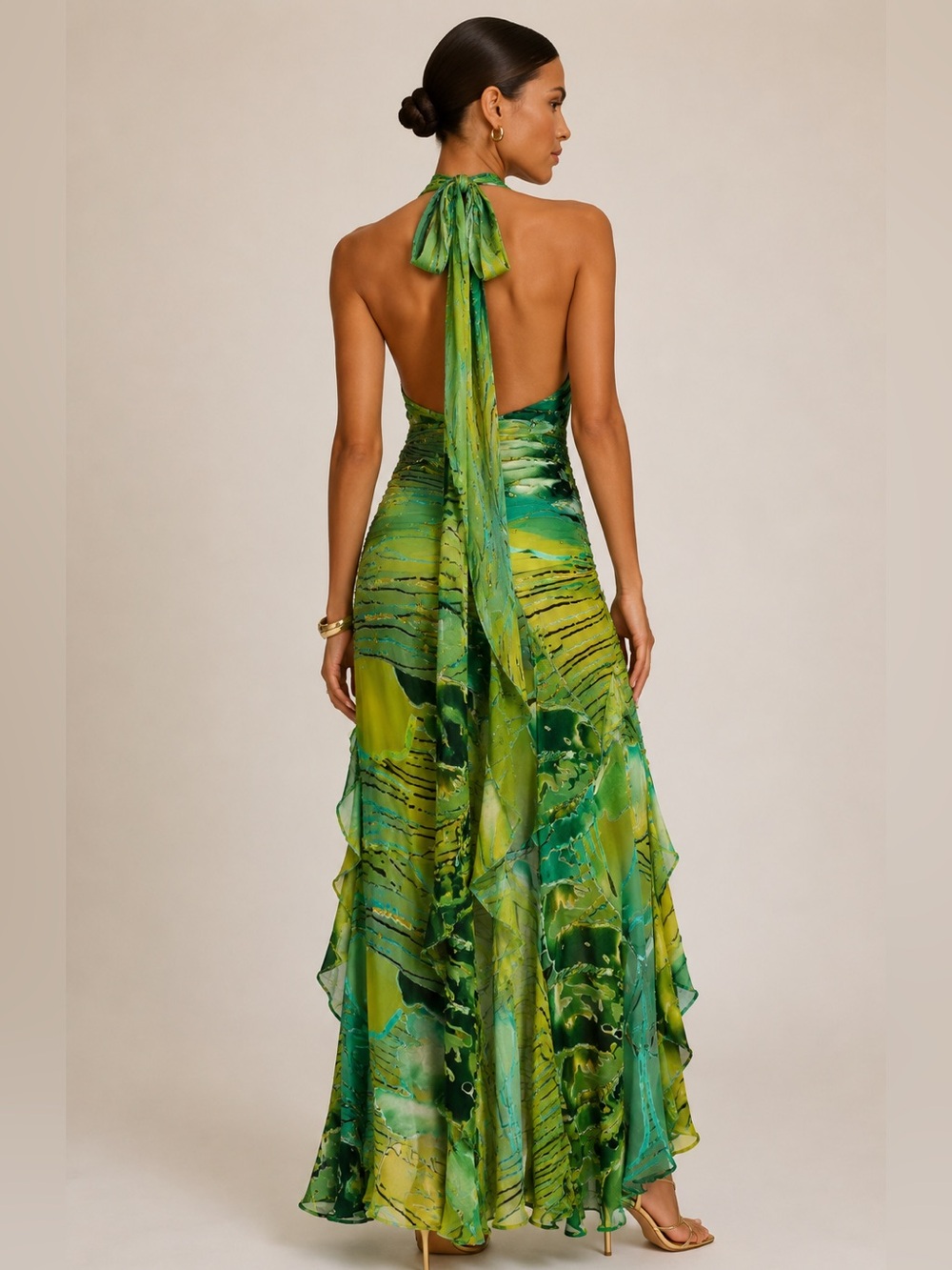 Vintage Artwear Silk Blend Burnout Velvet Beaded Halter Maxi Gown Green Abstract - Picture 2 of 14